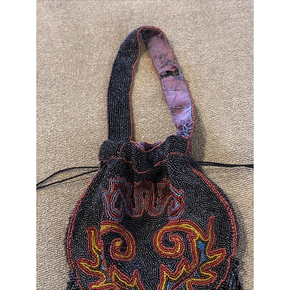 antique micro beaded purse 1900's flower basket victorian handbag (TD)